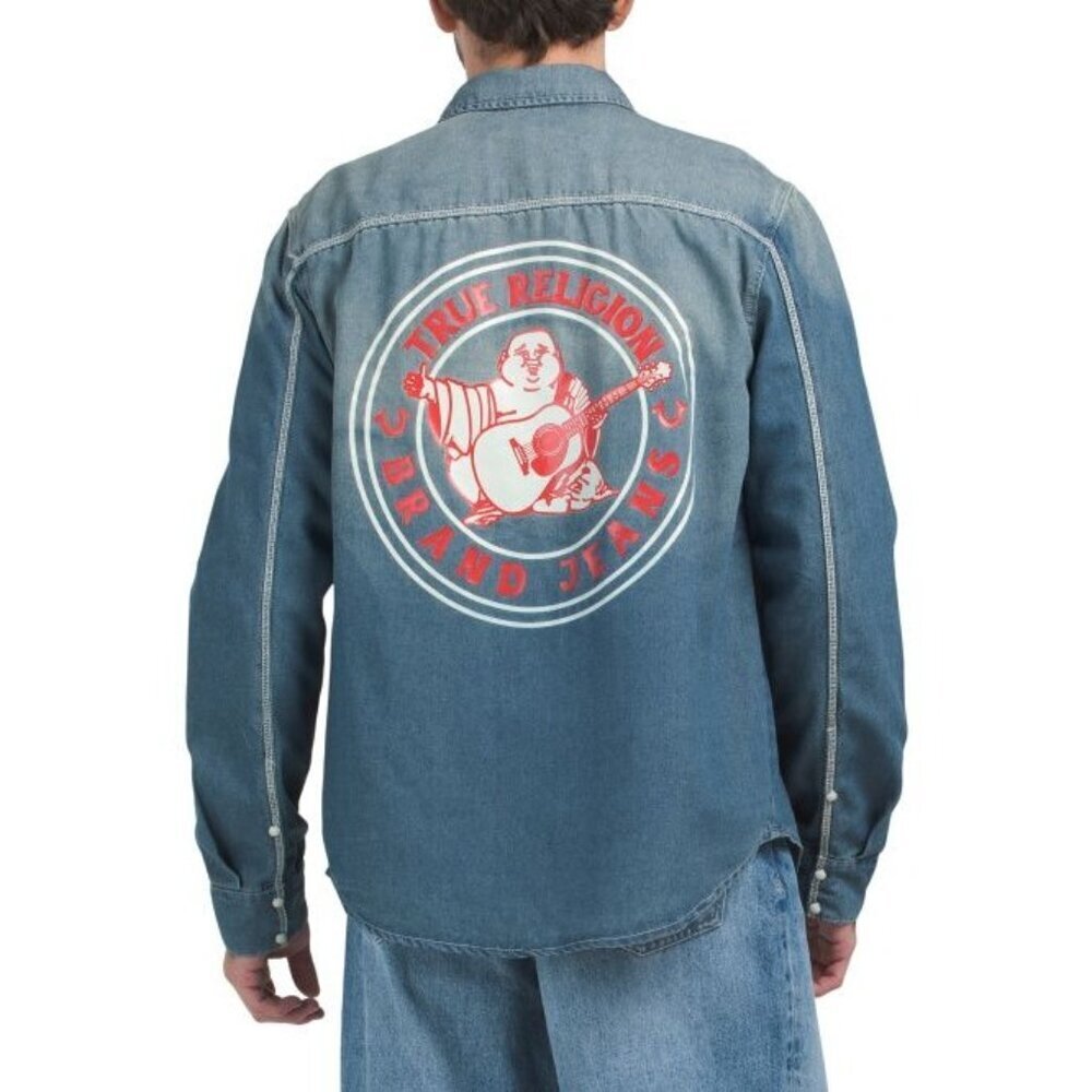 True Religion Mens Blue Denim Graphic Logo Chambray Long Sleeve Shirt Sz L New